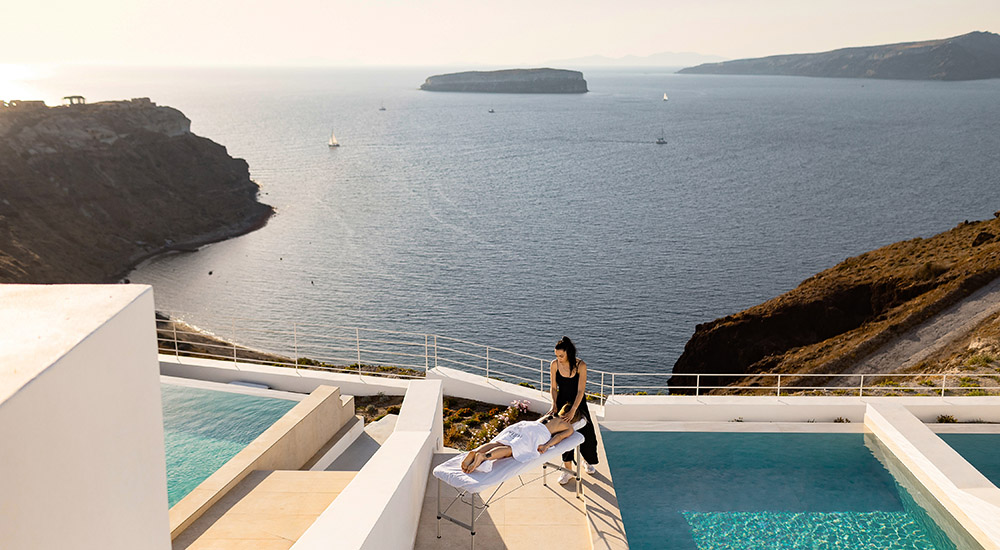 Two private pools with breathtaking sea views at the Luxury Suites, Santorini.